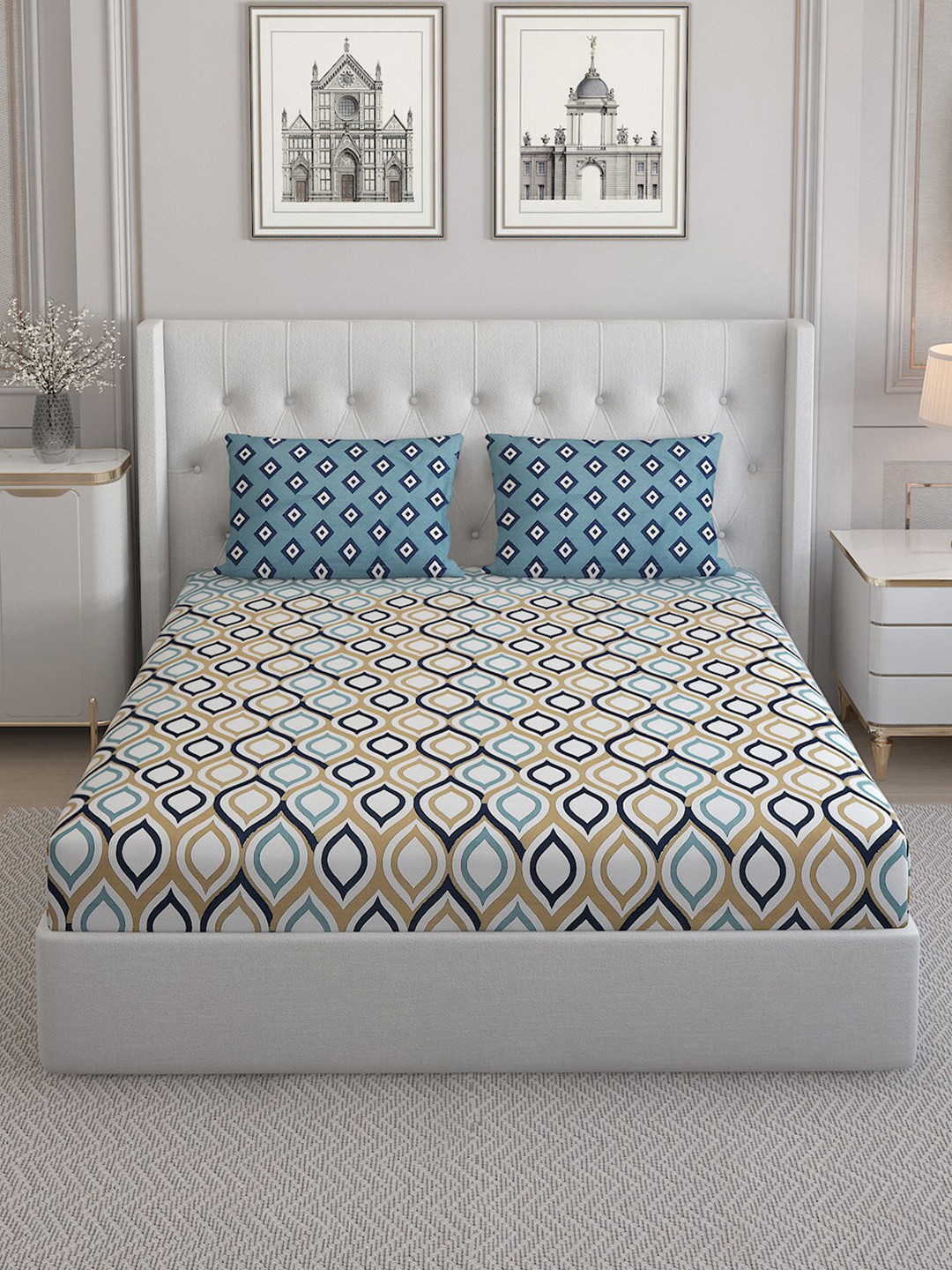 

Monte Carlo Sailsbury White Printed Cotton 152 TC King Bedsheet With 2 Pillow Covers