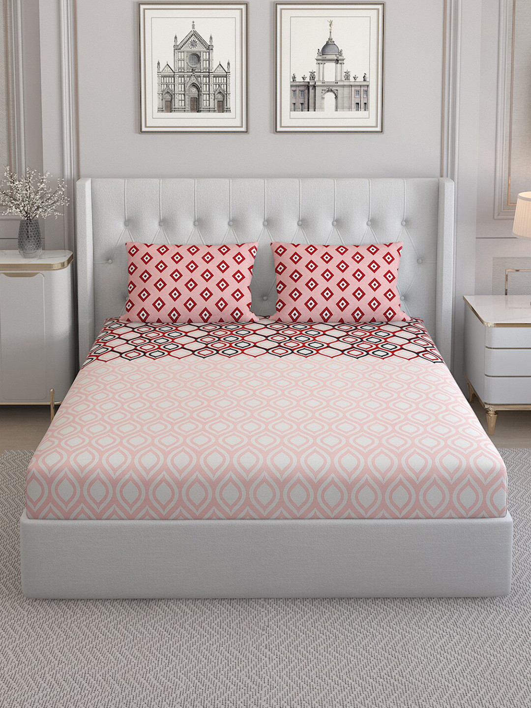 

Monte Carlo Sailsbury Pink Printed Cotton 152 TC King Bedsheet With 2 Pillow Covers