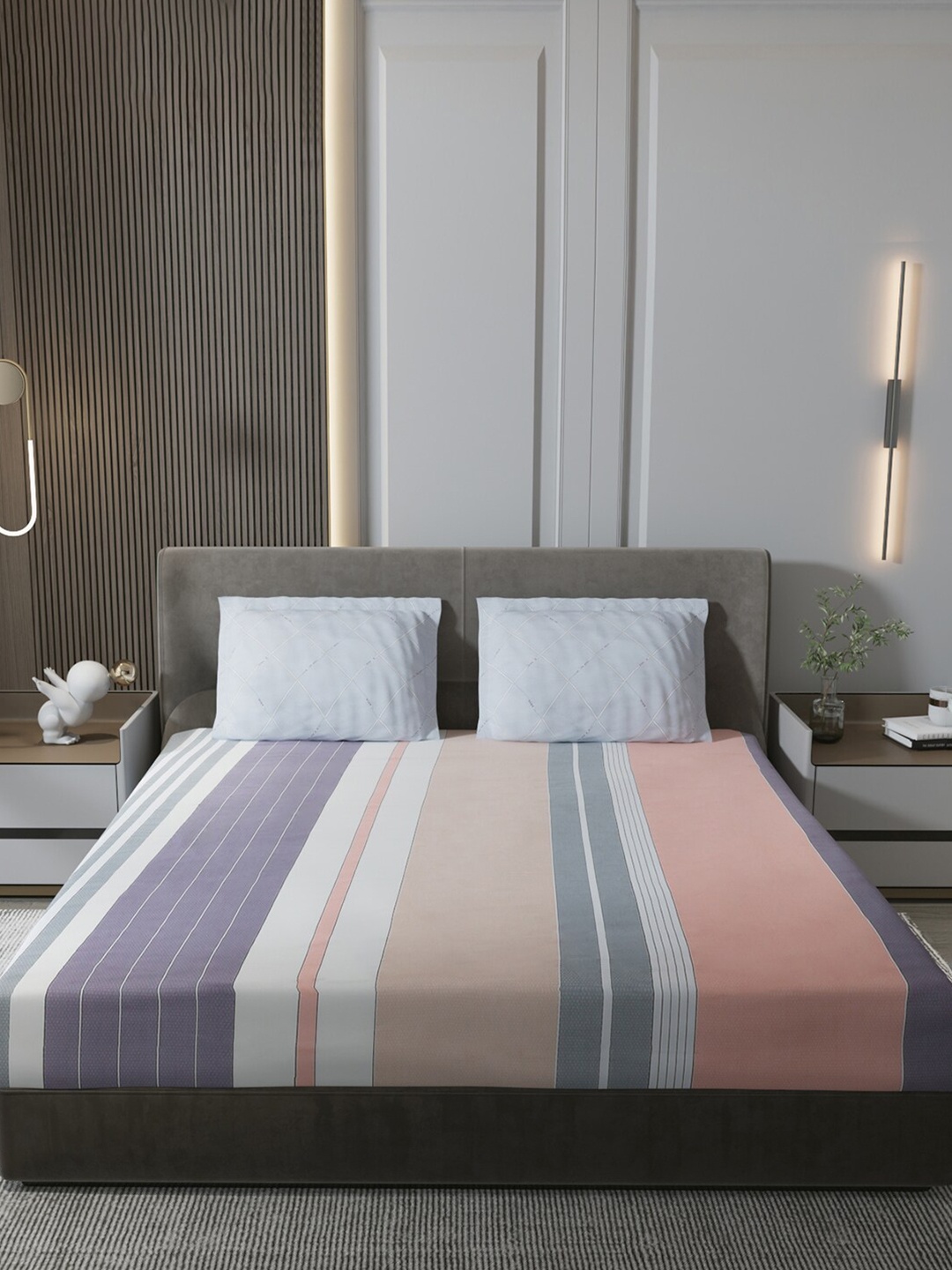 

Monte Carlo Santiago White Striped Cotton 200 TC King Bedsheet With 2 Pillow Covers