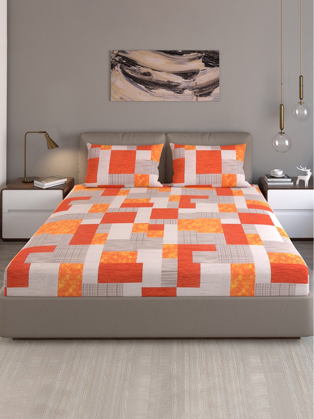 

Monte Carlo Cameron Orange Printed Cotton 140 TC Queen Bedsheet With 2 Pillow Covers