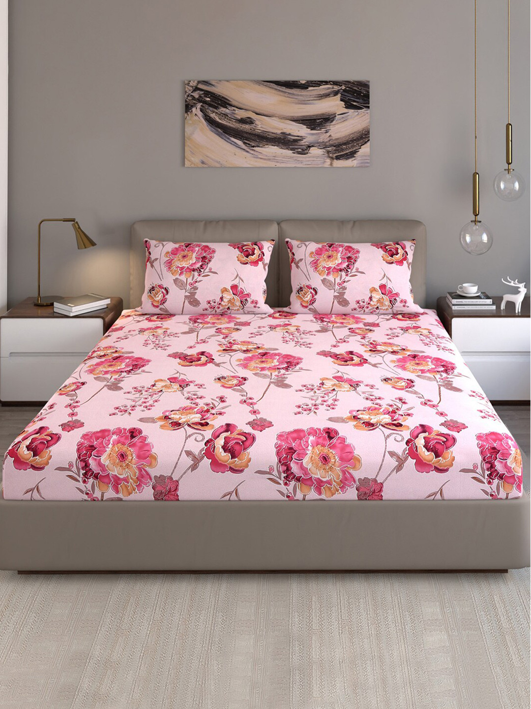 

Monte Carlo Fashnik Pink Printed 130 TC Queen Bedsheet With 2 Pillow Covers