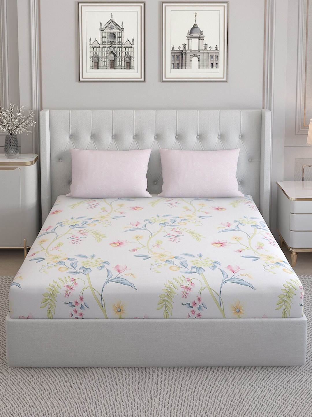 

Monte Carlo Lovenia White Printed Cotton 200 TC Queen Bedsheet With 2 Pillow Covers