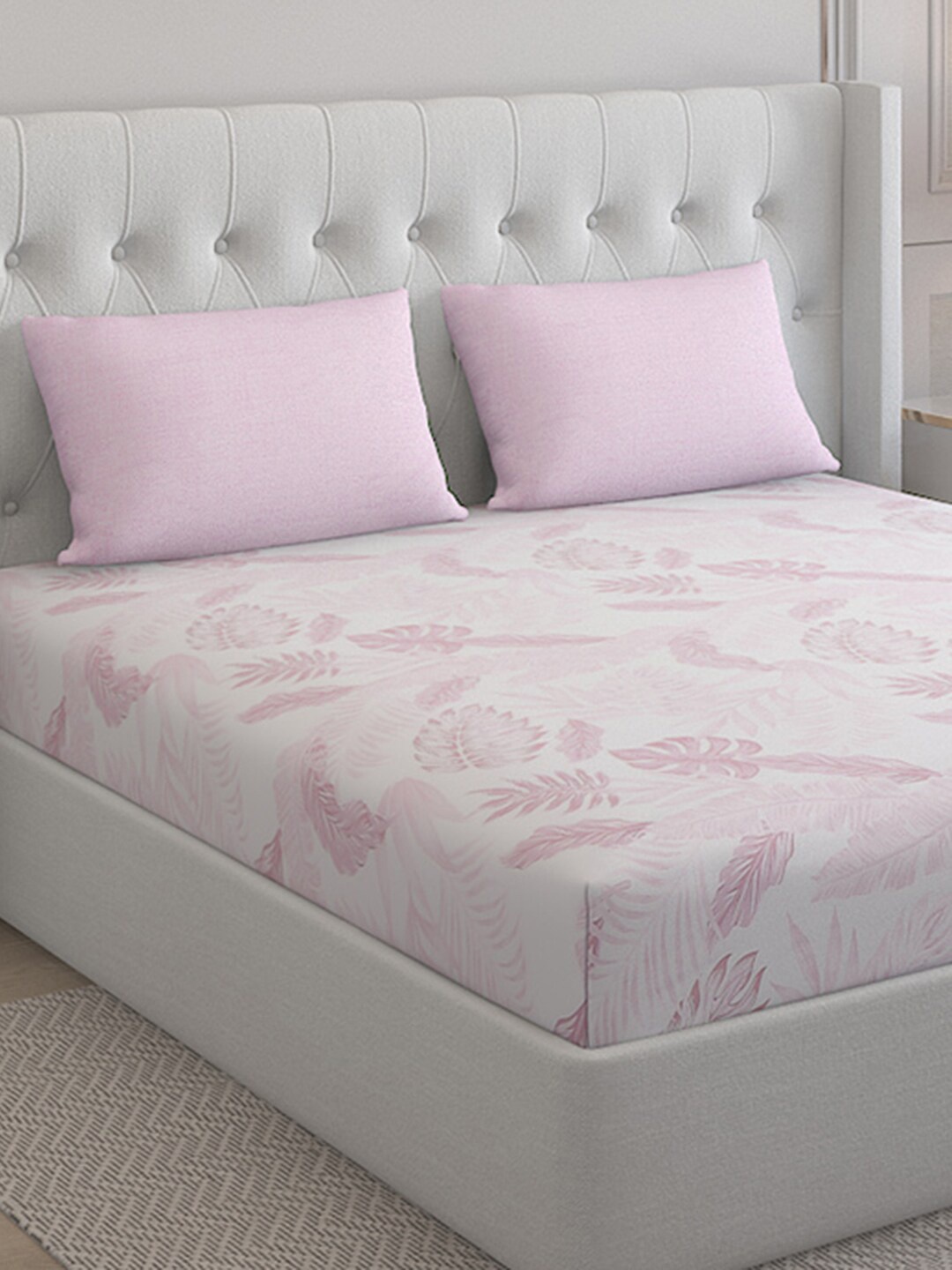 

Monte Carlo Lovenia Pink Floral 200 TC Cotton Queen Bedsheet with 2 Pillow Covers, Off white