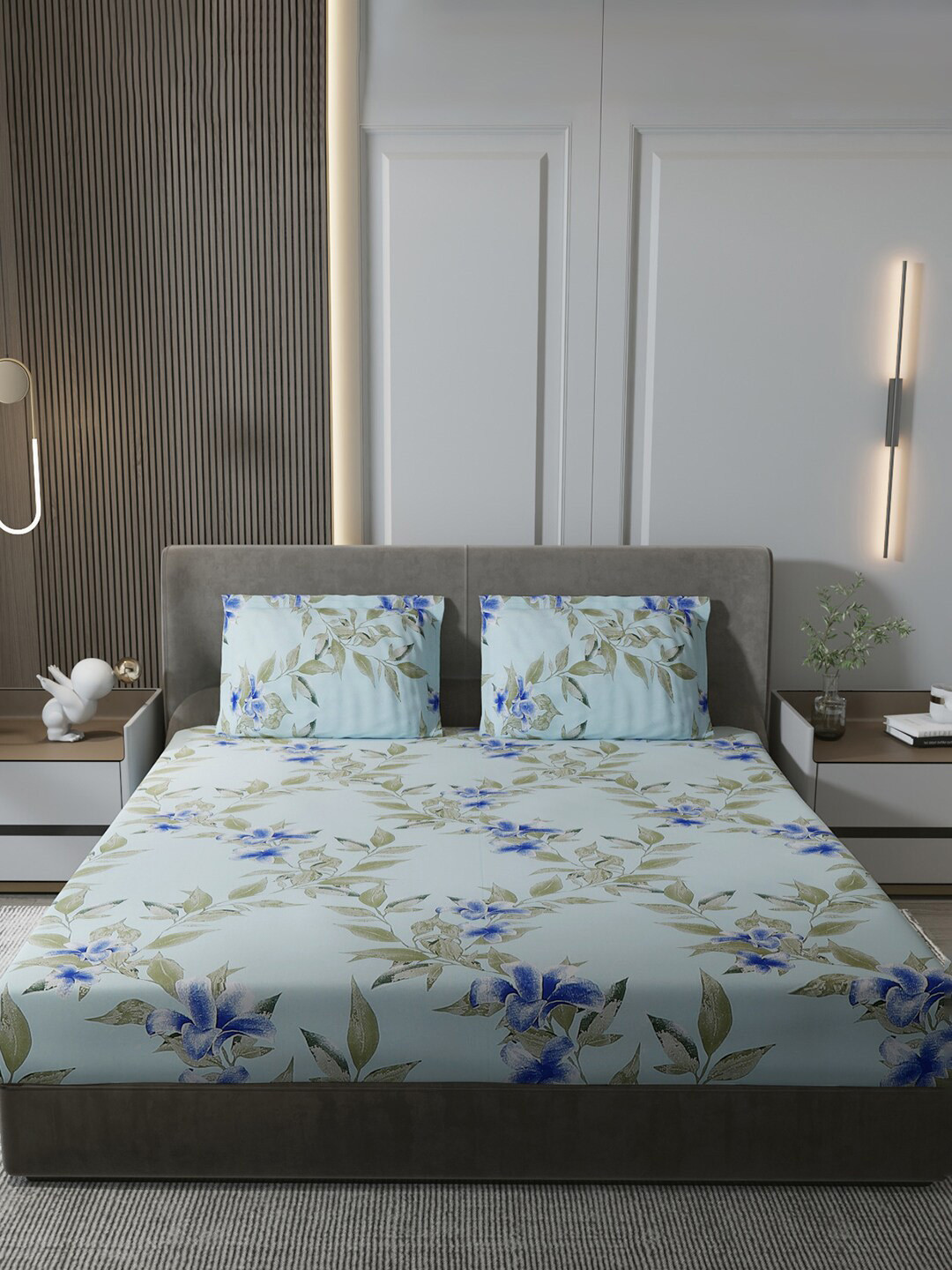 

Monte Carlo Celebrations Blue Floral 120 TC Cotton Queen Bedsheet with 2 Pillow Covers