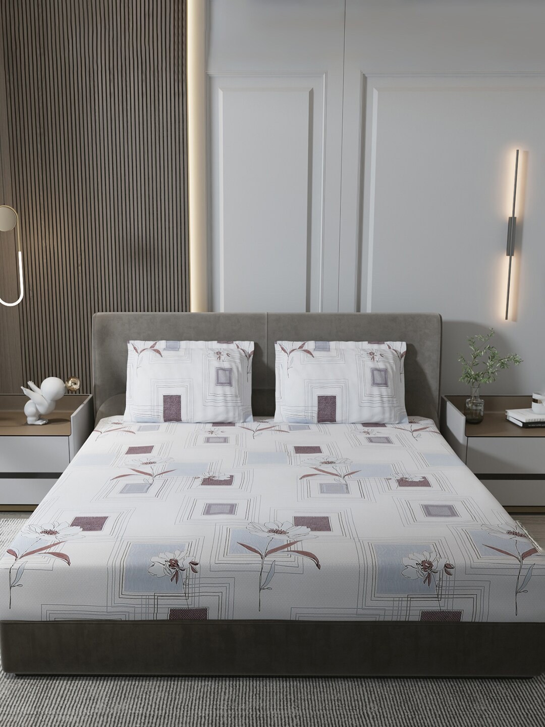 

Monte Carlo Fashnik Off White Floral 130 TC Cotton Queen Bedsheet with 2 Pillow Covers