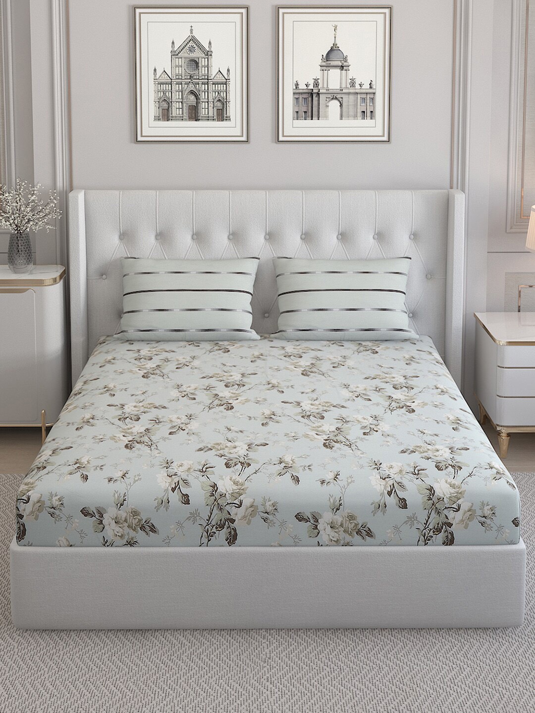 

Monte Carlo Lovenia Sea Green Floral 200 TC Cotton Queen Bedsheet with 2 Pillow Covers