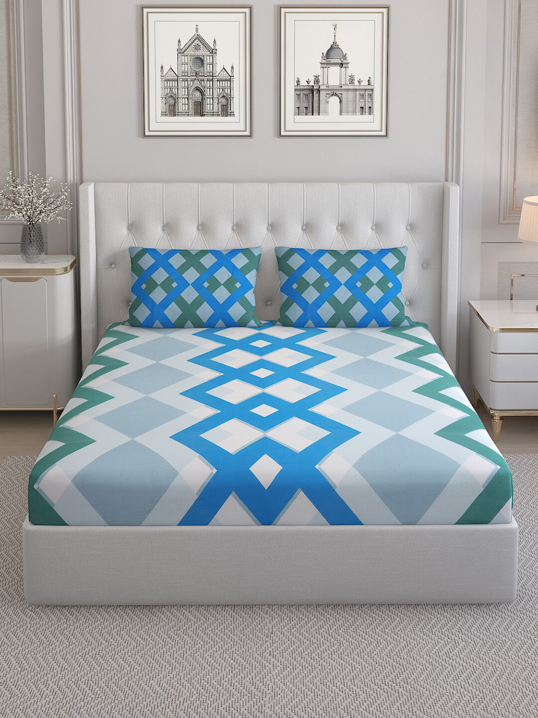 

Monte Carlo Sailsbury Green Geometric 152 TC Cotton King Bedsheet with 2 Pillow Covers