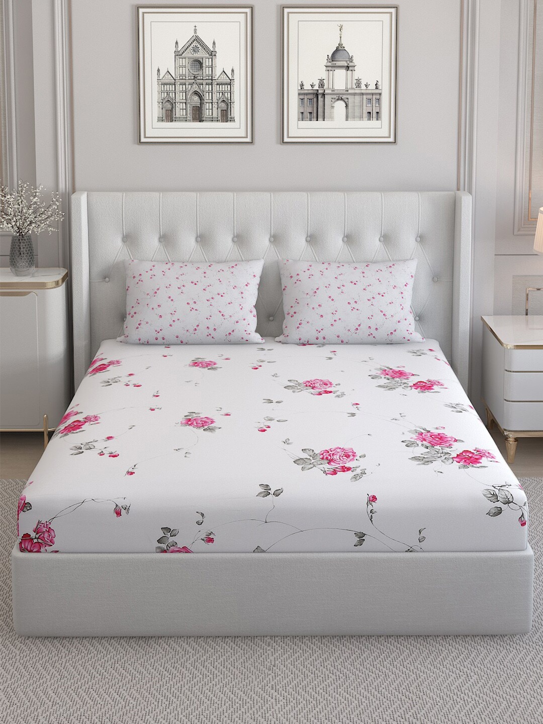 

Monte Carlo Lovenia White & Pink Floral 200 TC Cotton Queen Bedsheet with 2 Pillow Covers