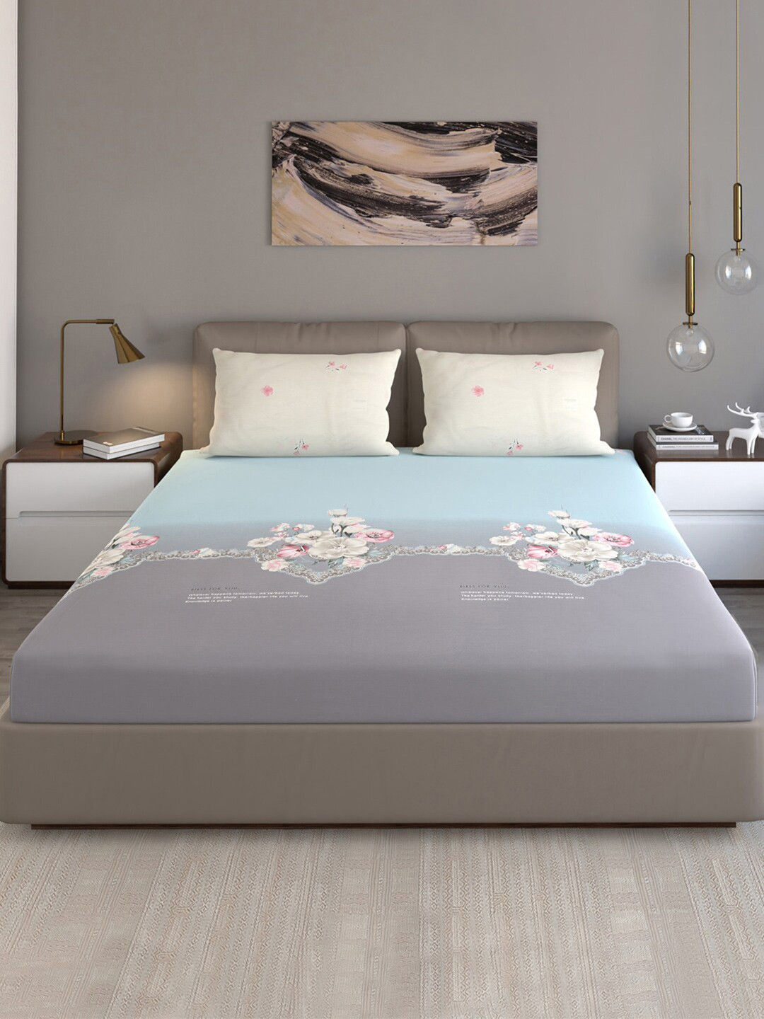

Monte Carlo Blue & Grey Floral Pure Cotton 200 TC Queen Bedsheet With 2 Pillow Covers