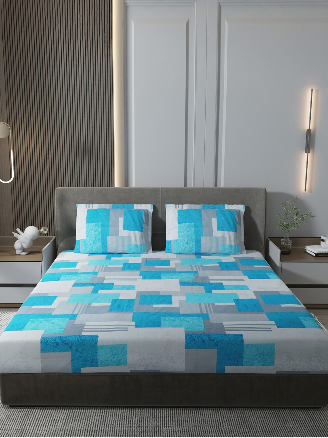 

Monte Carlo Blue & Grey Geometric Pure Cotton 140 TC King Bedsheet With 2 Pillow Covers