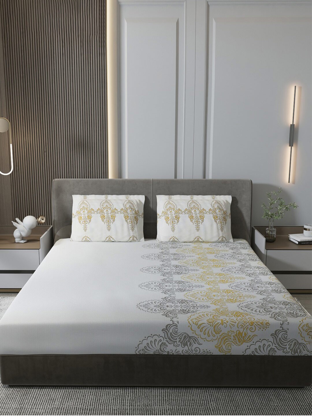 

Monte Carlo White & Grey Ethnic Motifs Pure Cotton 144 TC King Bedsheet & 2 Pillow Covers