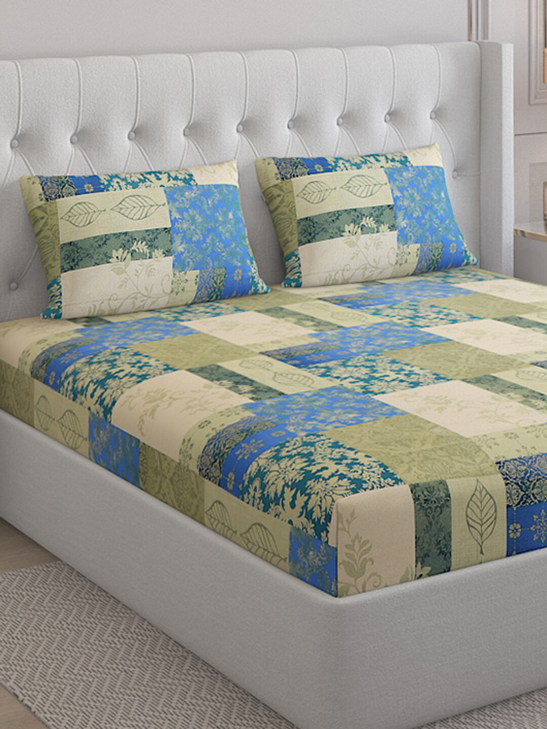 

Monte Carlo Beige & Blue Ethnic Motifs Pure Cotton 140 TC King Bedsheet & 2 Pillow Covers