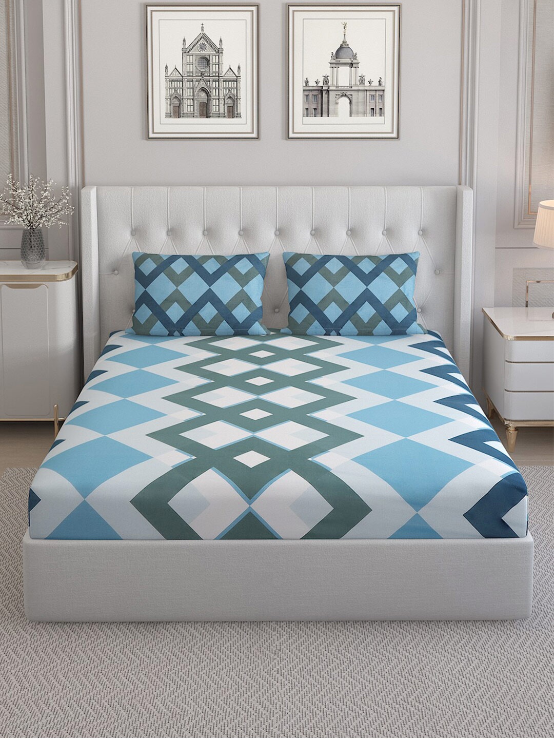 

Monte Carlo Blue & White Pure Cotton Geometric 152 TC King Bedsheet With 2 Pillow Covers