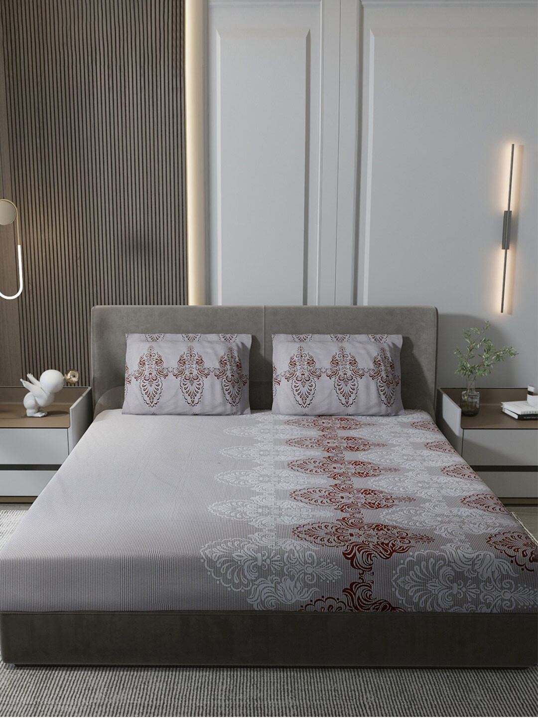 

Monte Carlo Grey & White Ethnic Motifs Pure Cotton 144 TC King Bedsheet & 2 Pillow Covers