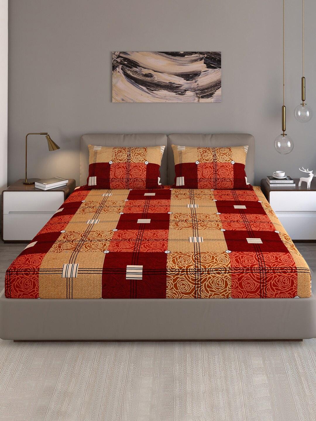 

Monte Carlo Fashnik Khaki & Red Printed 130 TC Queen Bedsheet With 2 Pillow Covers