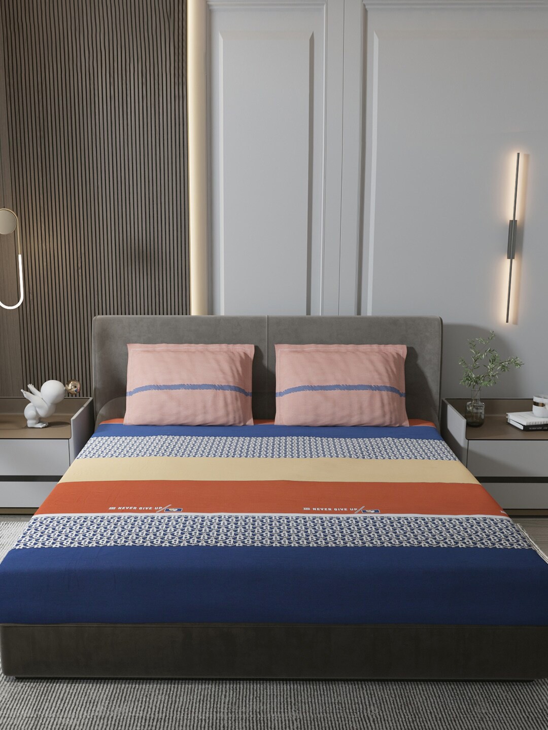 

Monte Carlo Santiago Navy Blue Striped Cotton 200 TC King Bedsheet With 2 Pillow Covers