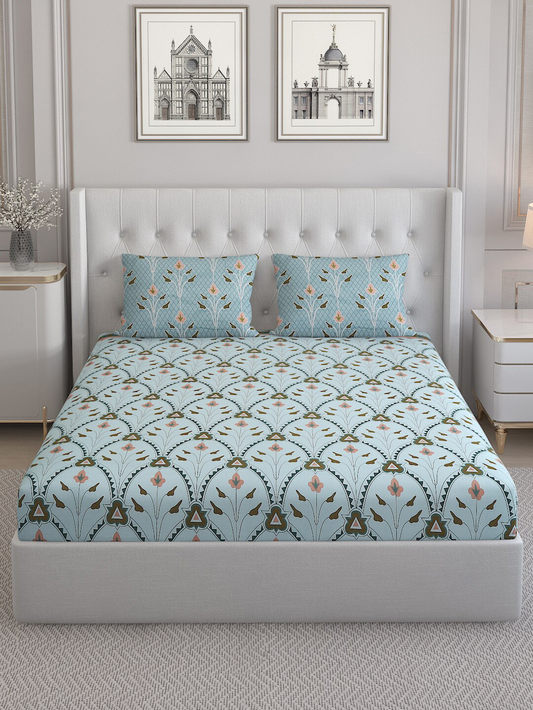

Monte Carlo Persia Blue Printed Cotton 144 TC King Bedsheet With 2 Pillow Covers