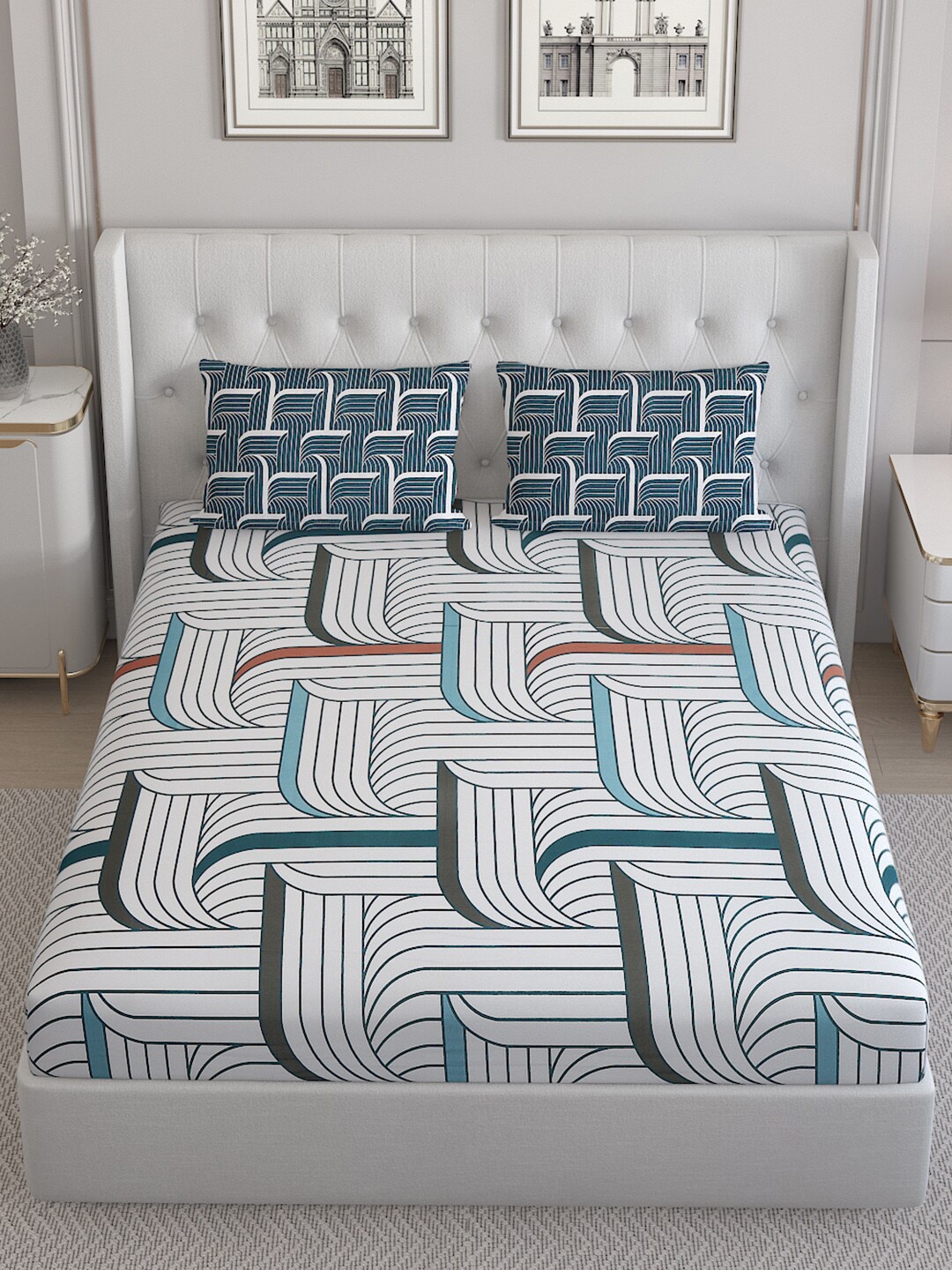 

Monte Carlo Sailsbury White Printed Cotton 152 TC King Bedsheet With 2 Pillow Covers