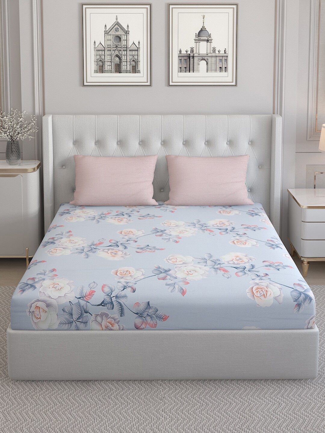 

Monte Carlo Lovenia Blue Printed Cotton 200 TC Queen Bedsheet With 2 Pillow Covers