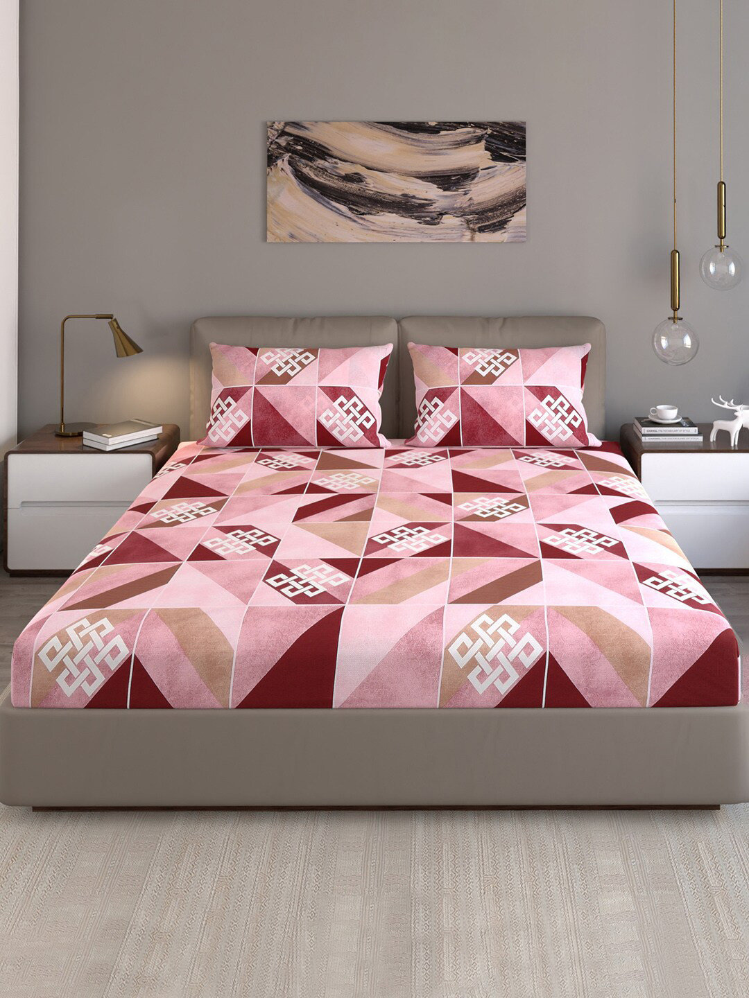 

Monte Carlo Cameron Pink Printed Cotton 140 TC Queen Bedsheet With 2 Pillow Covers