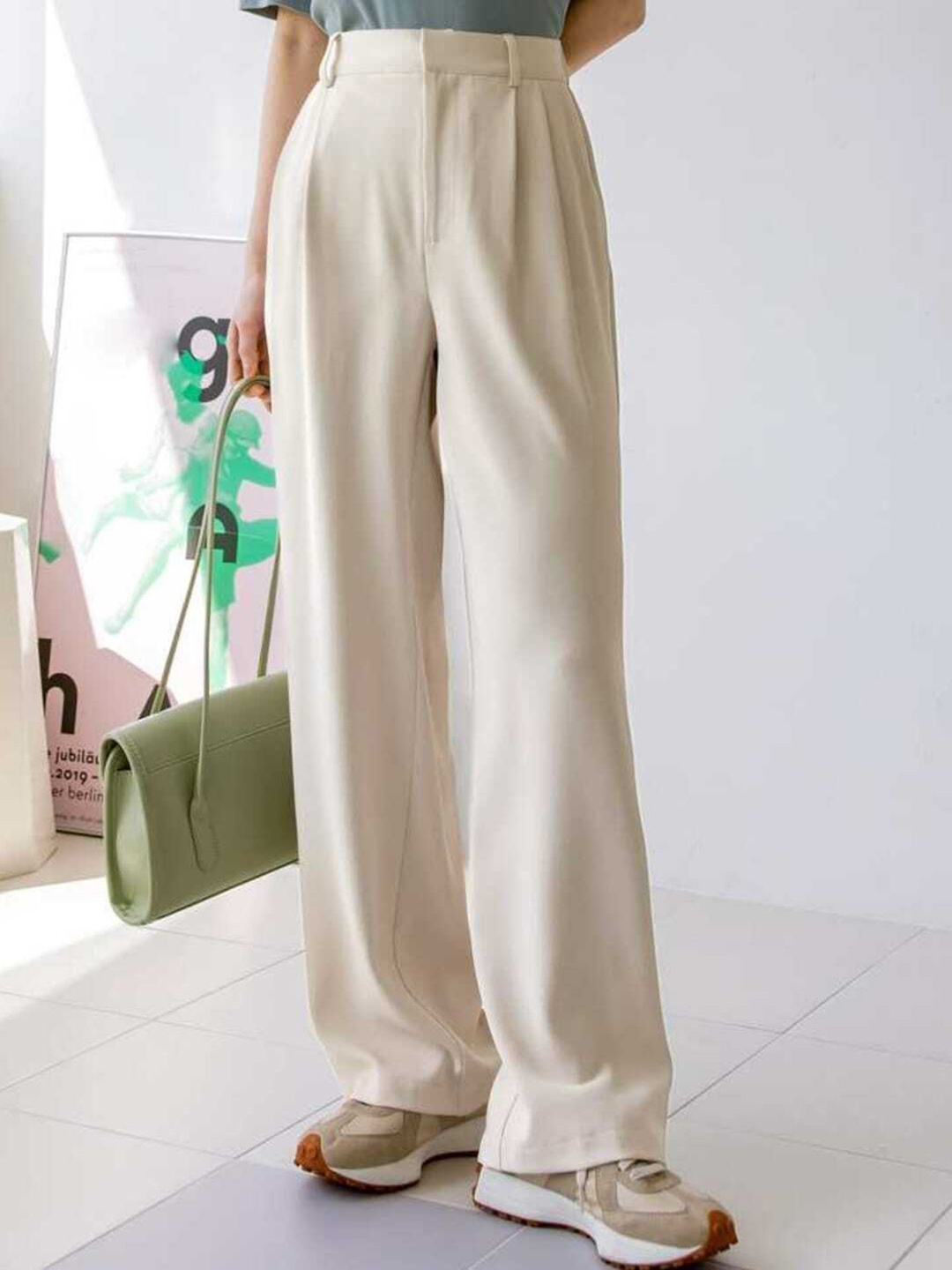 

Next One Women Smart Loose Fit High Rise Easy Wash Pleated Parallel Trousers, Beige