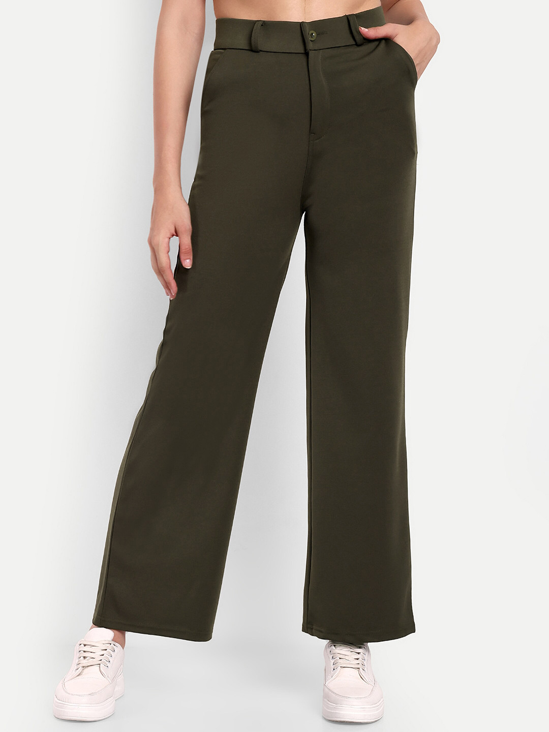 

Next One Women Smart Loose Fit High Rise Easy Wash Parallel Trousers, Olive