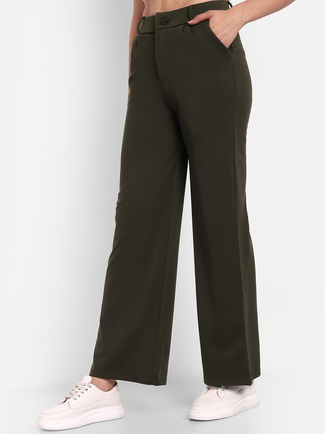 

Next One Women Smart Loose Fit High Rise Easy Wash Parallel Trousers, Olive