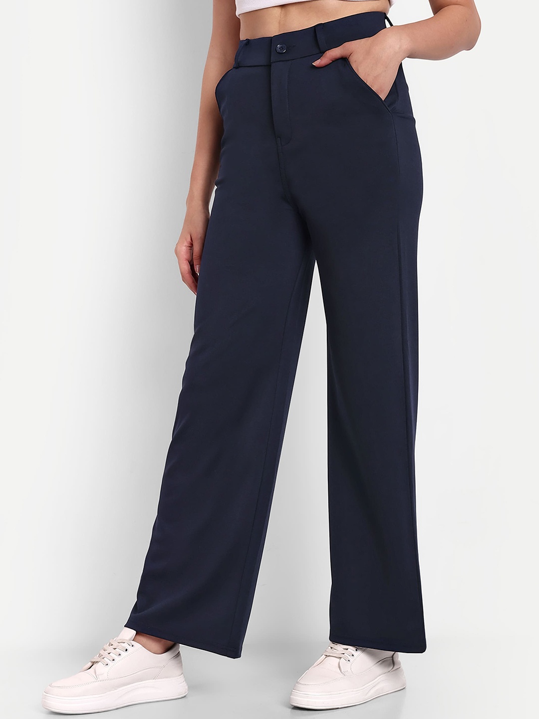 

Next One Women Smart Loose Fit High-Rise Easy Wash Parallel Trousers, Navy blue