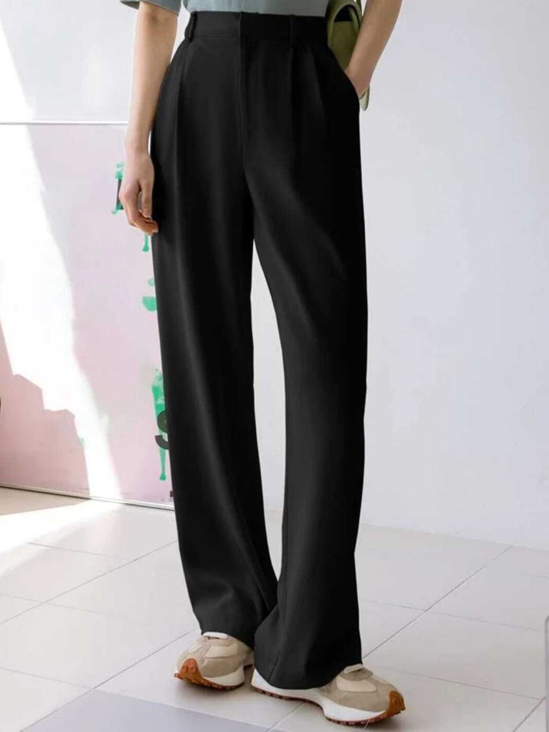 

Next One Women Smart Loose Fit High-Rise Easy Wash Pleated Parallel Trousers, Black