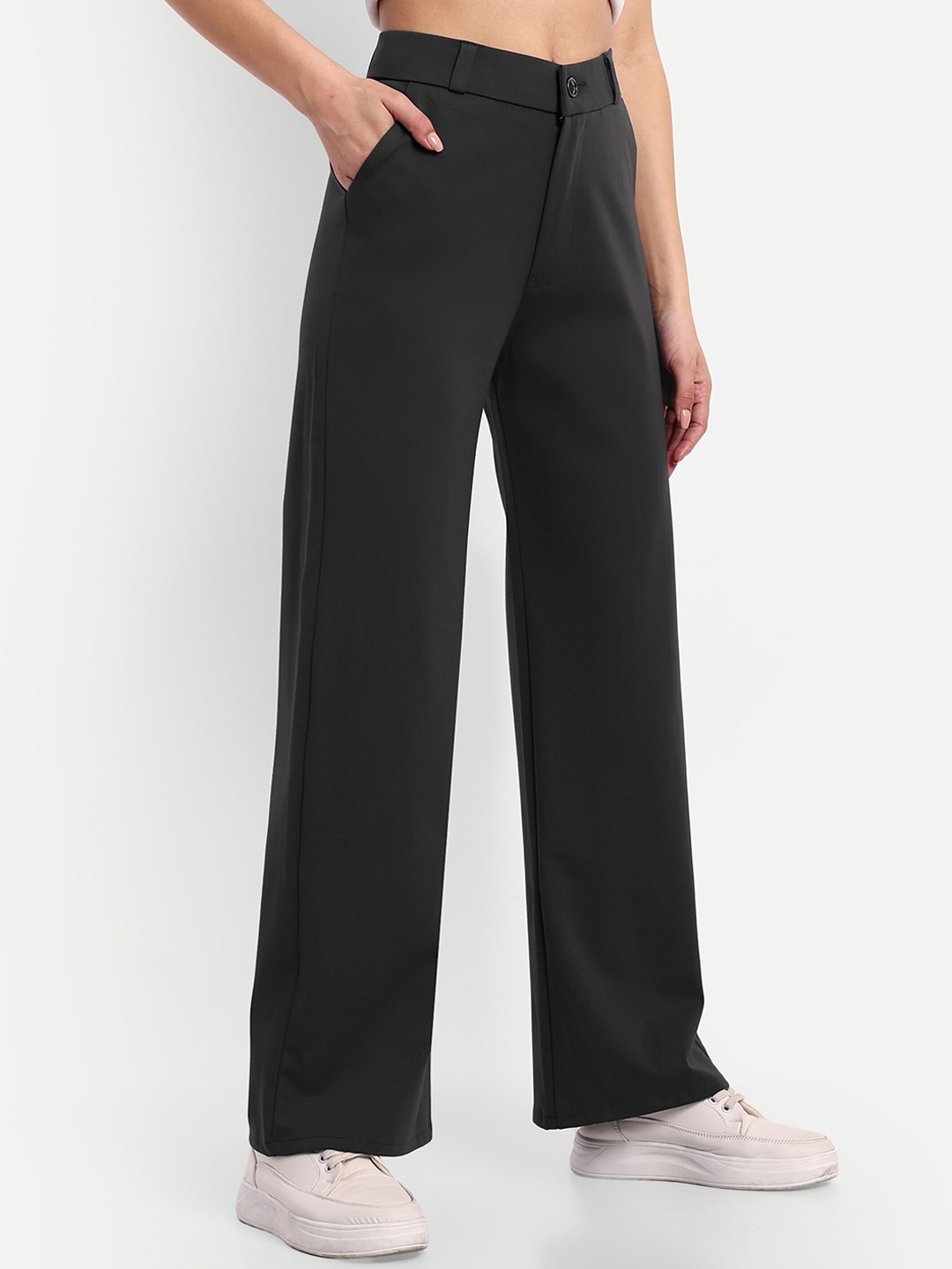 

Next One Women Smart Loose Fit High-Rise Easy Wash Parallel Trousers, Grey