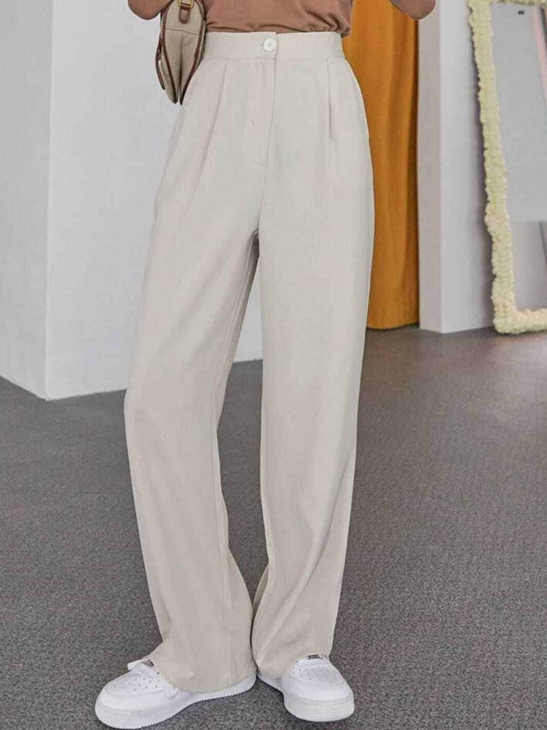 

Next One Women Smart Loose Fit High-Rise Easy Wash Pleated Trousers, Beige