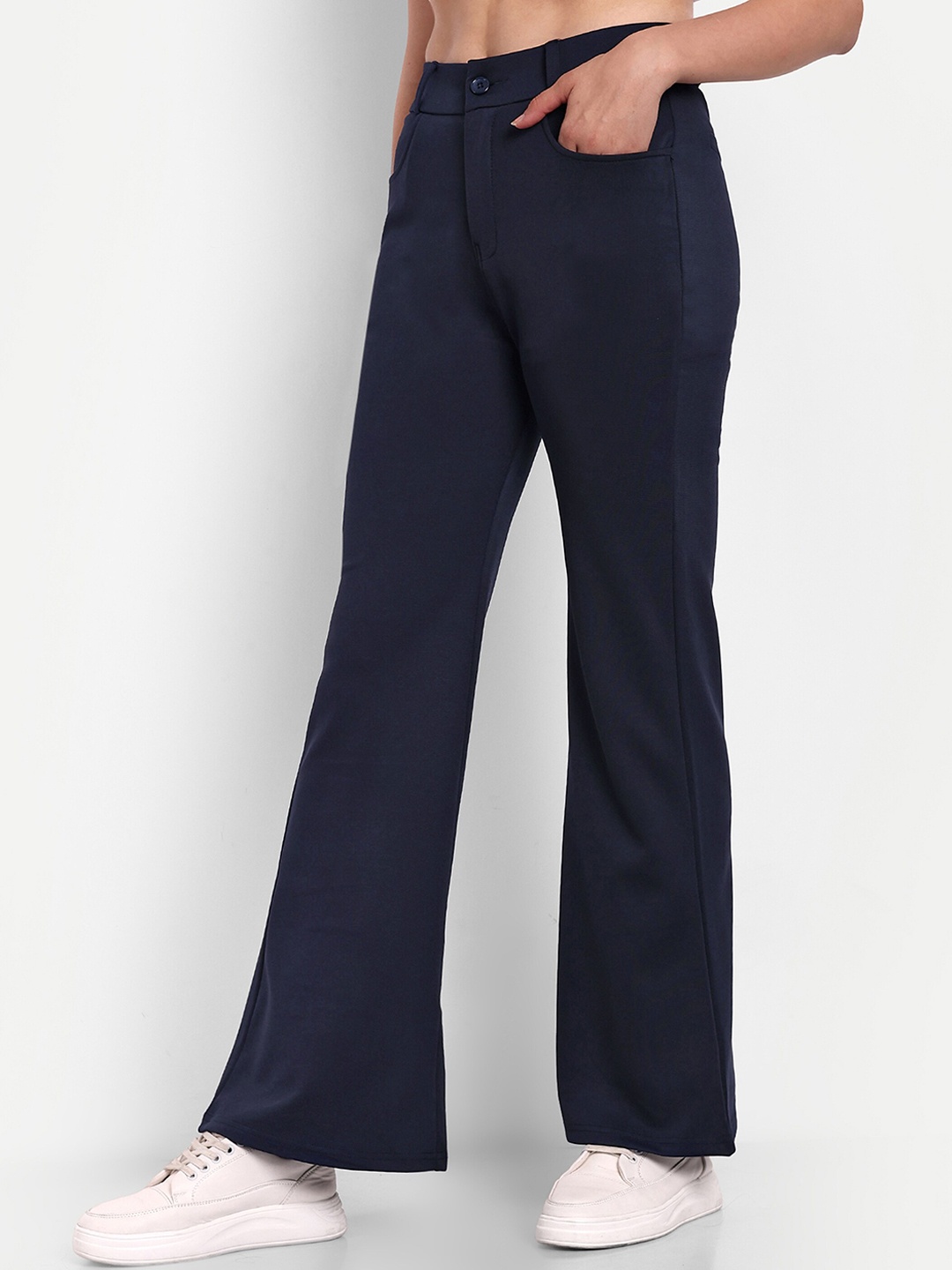 

Next One Women Smart Flared High-Rise Easy Wash Bootcut Trousers, Navy blue