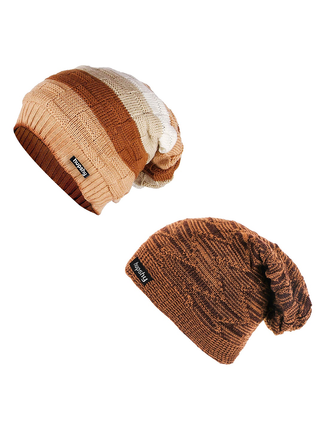 

hupshy Men Set Of 2 Colourblocked Acrylic Beanie, Brown