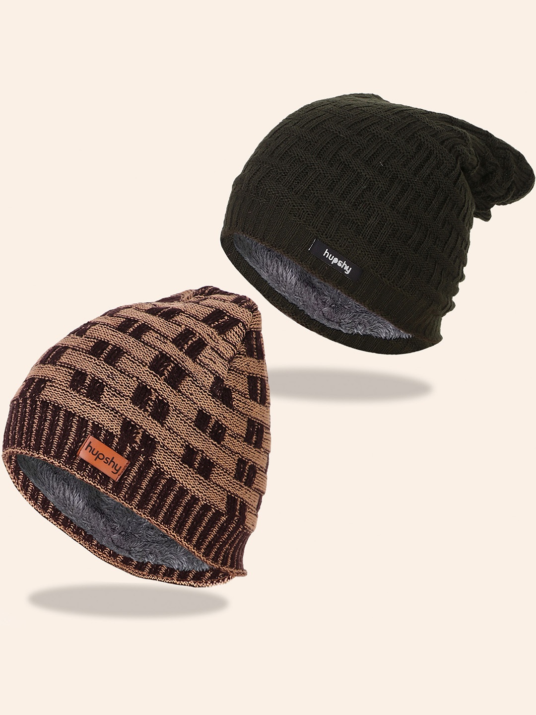 

hupshy Men Pack Of 2 Self Design Pure Cotton Beanies, Green