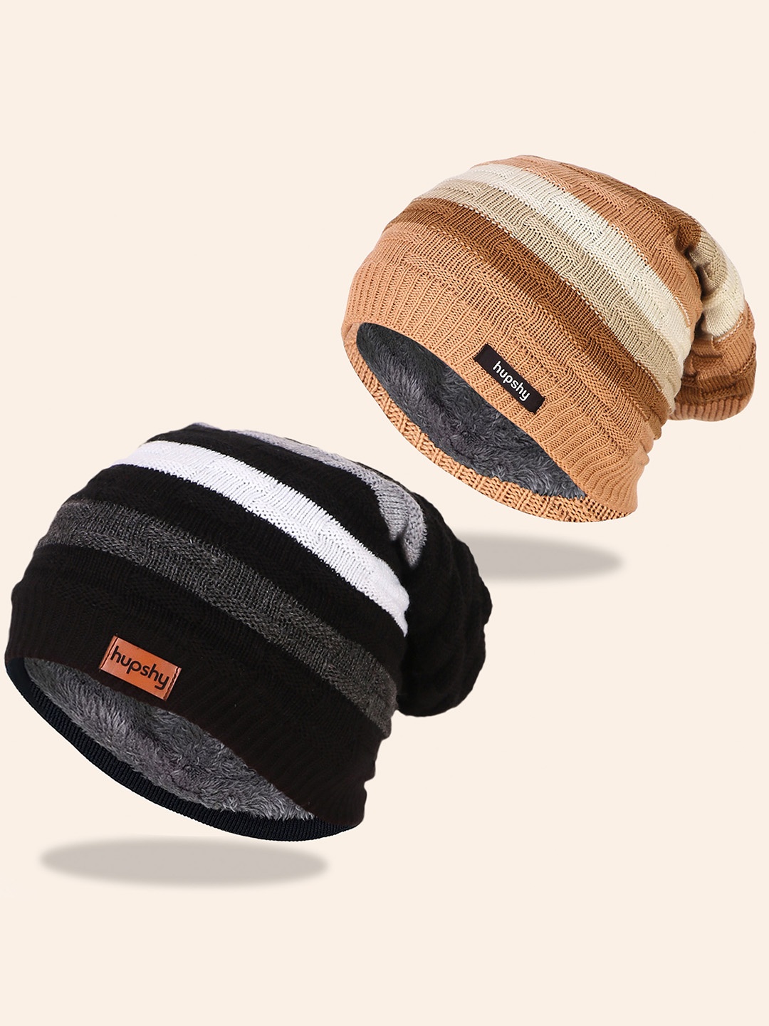 

hupshy Men Pack Of 2 Self Design Pure Cotton Beanies, Black