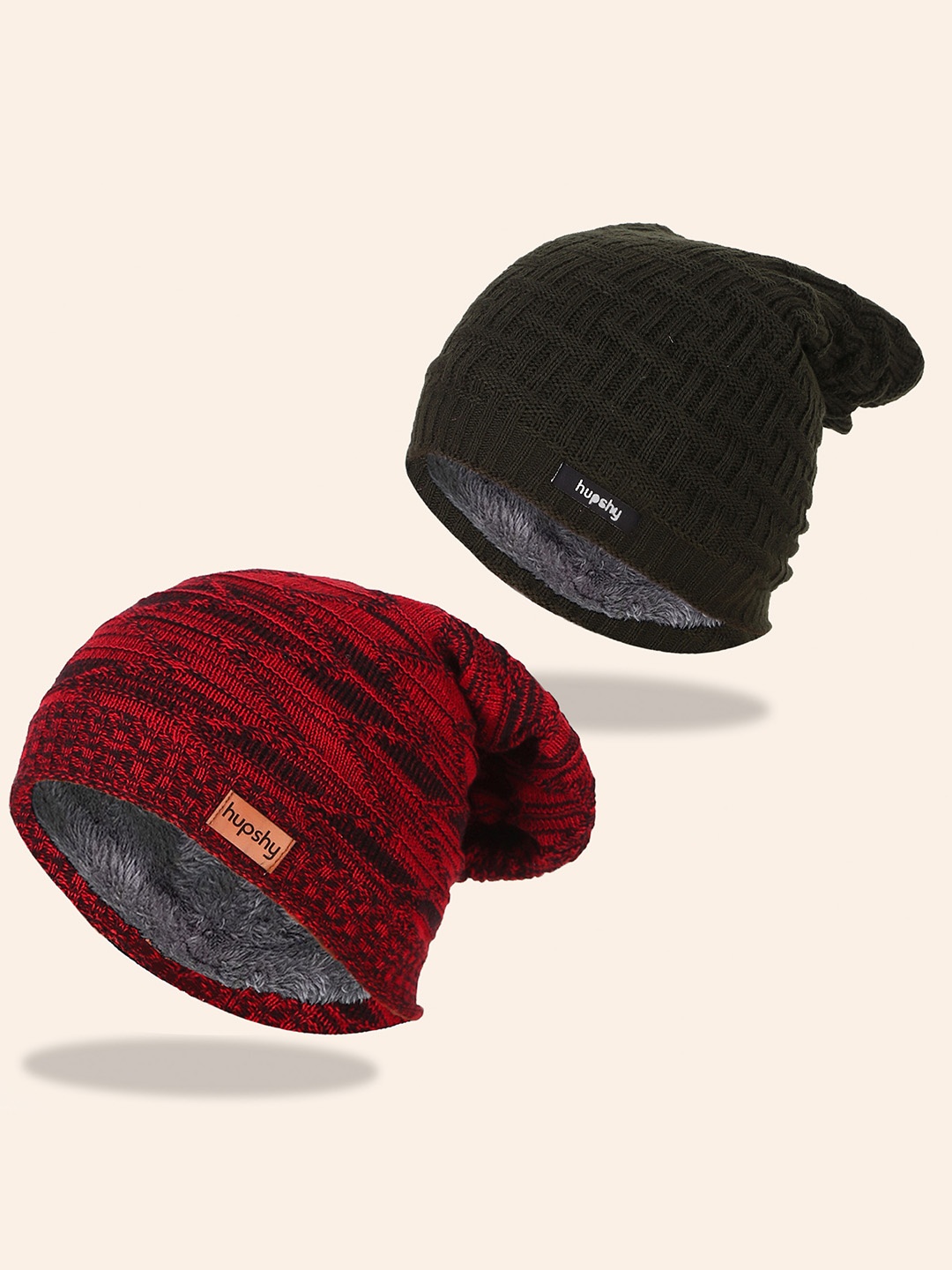 

hupshy Men Pack Of 2 Self Design Pure Cotton Beanies, Green