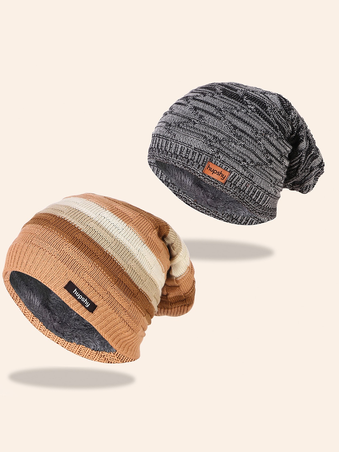 

hupshy Men Pack Of 2 Self Design Pure Cotton Beanies, Grey