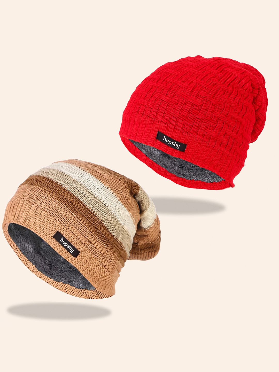

hupshy Men Pack Of 2 Self Design Pure Cotton Beanies, Red