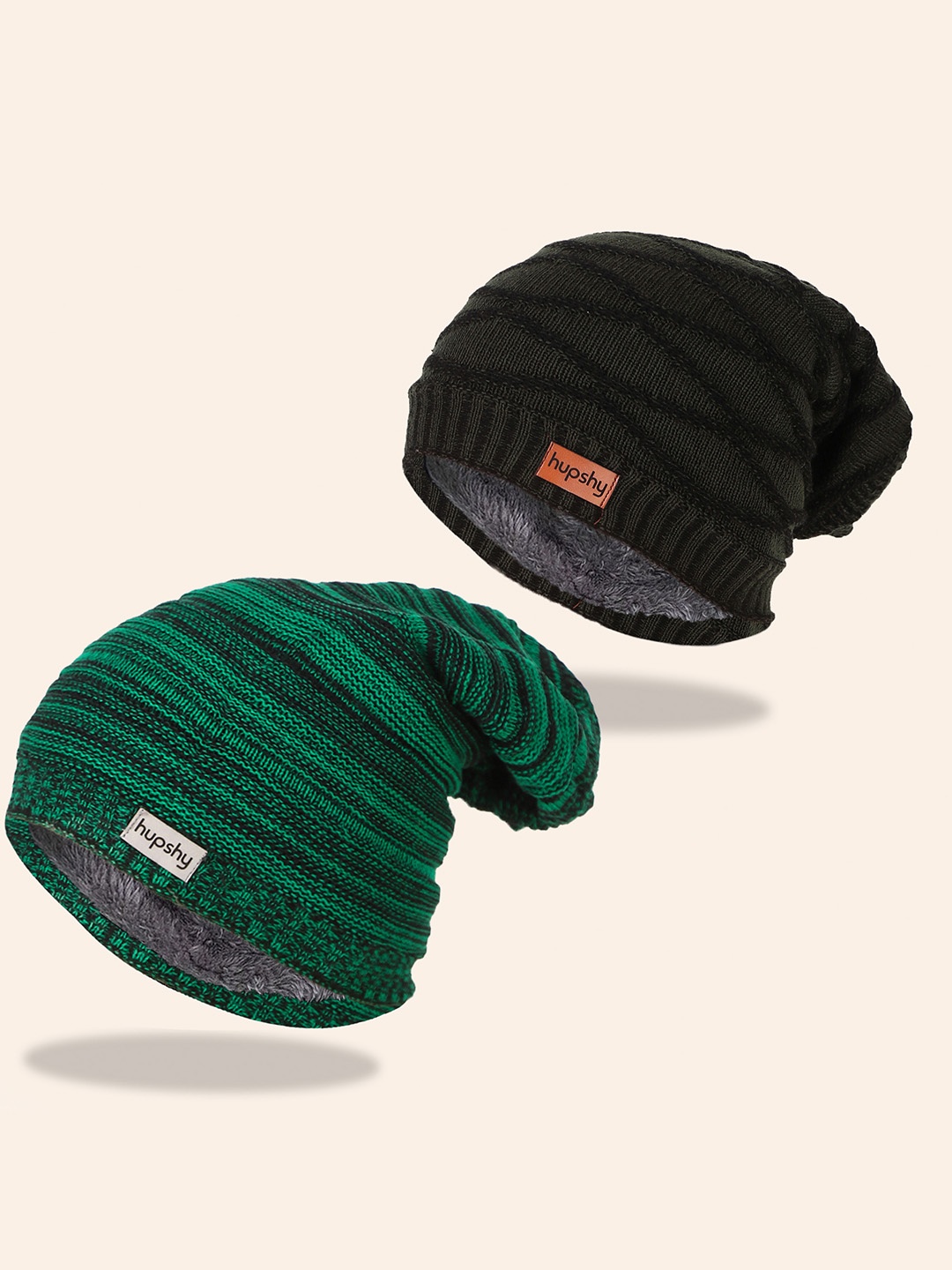 hupshy Men Pack Of 2 Self Design Pure Cotton Beanies, Green