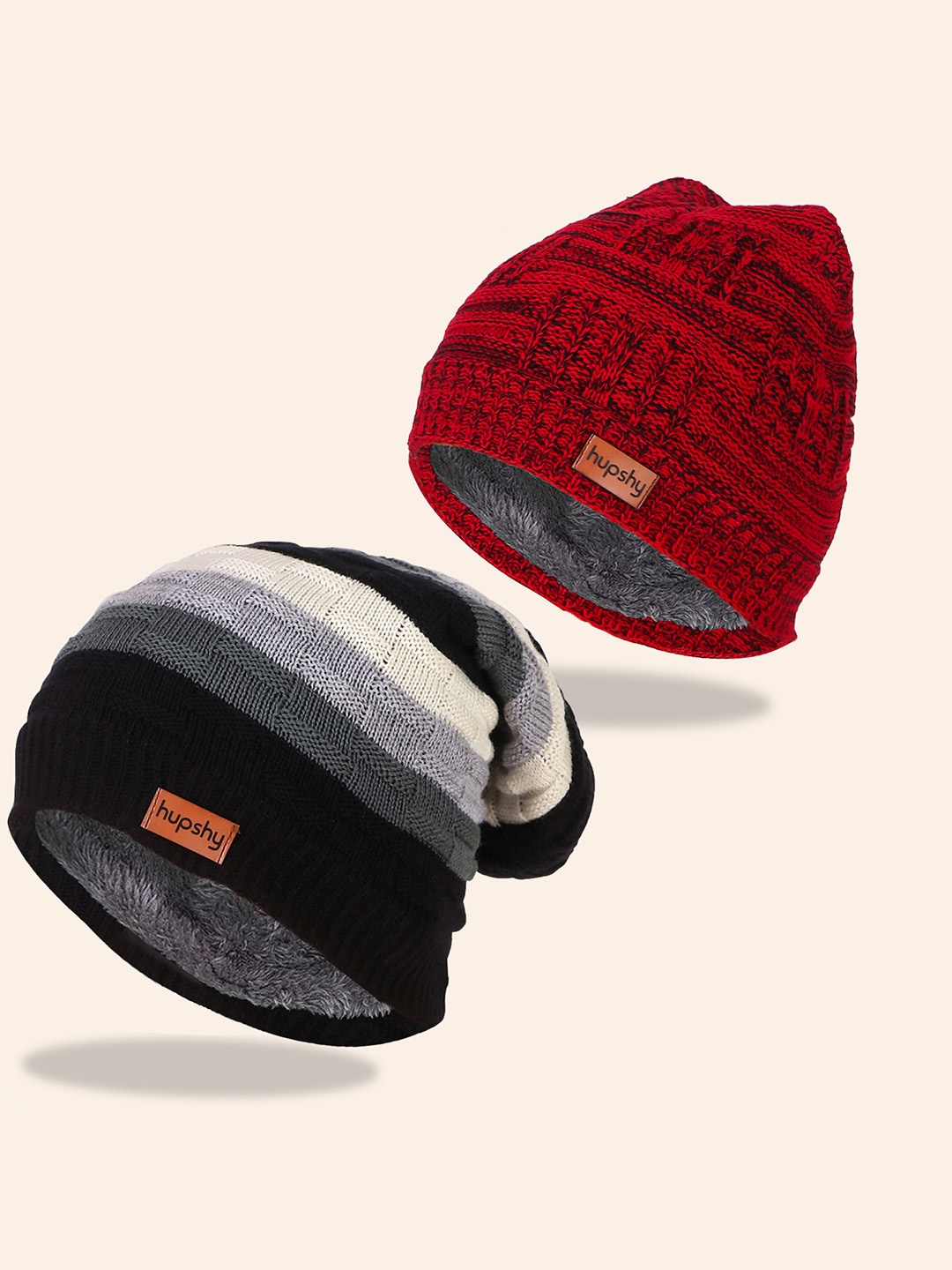 

hupshy Men Pack Of 2 Self Design Pure Cotton Beanies, Red