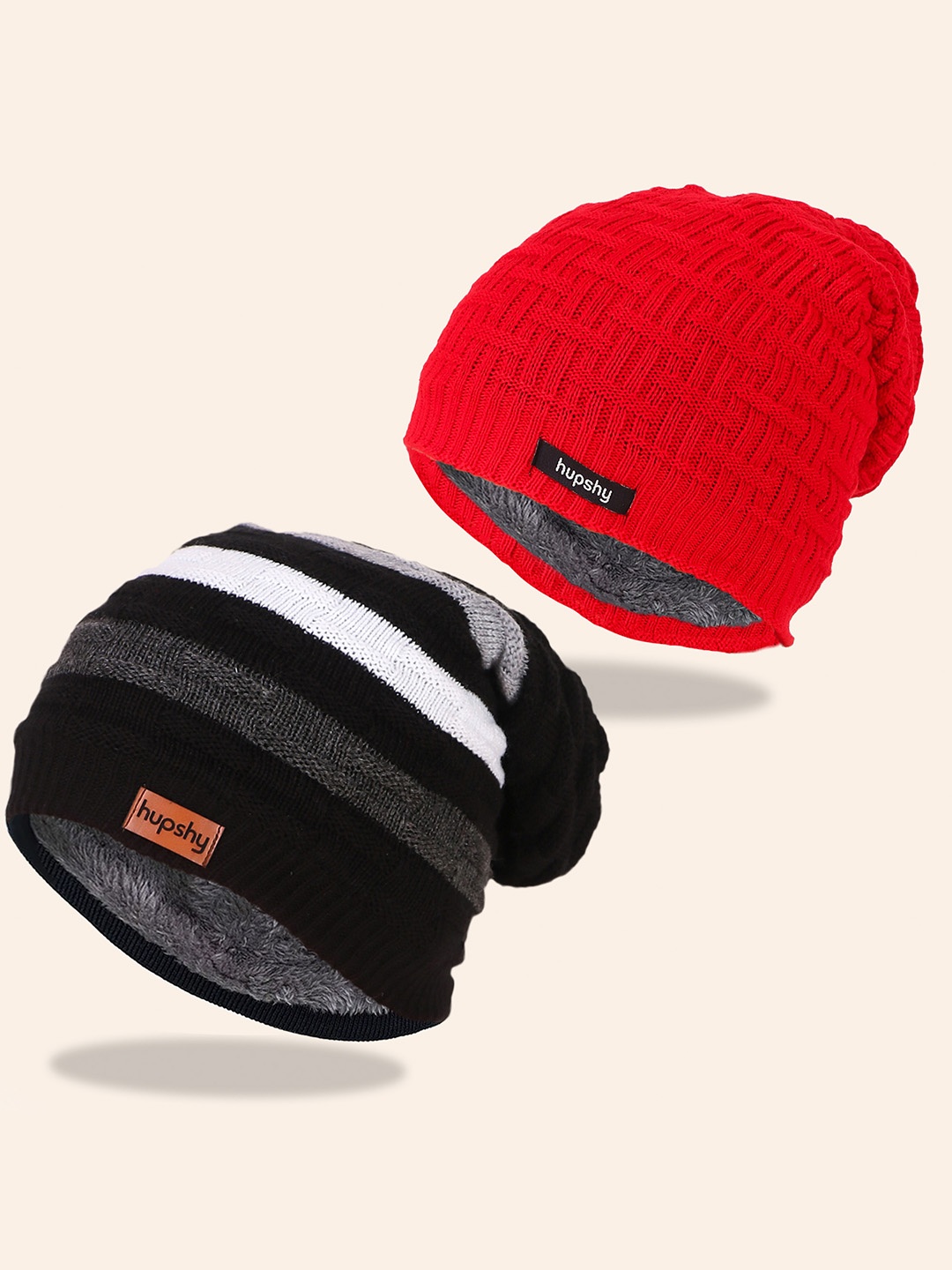 

hupshy Men Pack Of 2 Self Design Pure Cotton Beanies, Red