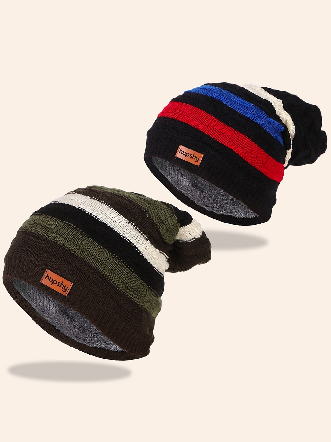 

hupshy Men Pack Of 2 Self Design Pure Cotton Beanies, Green
