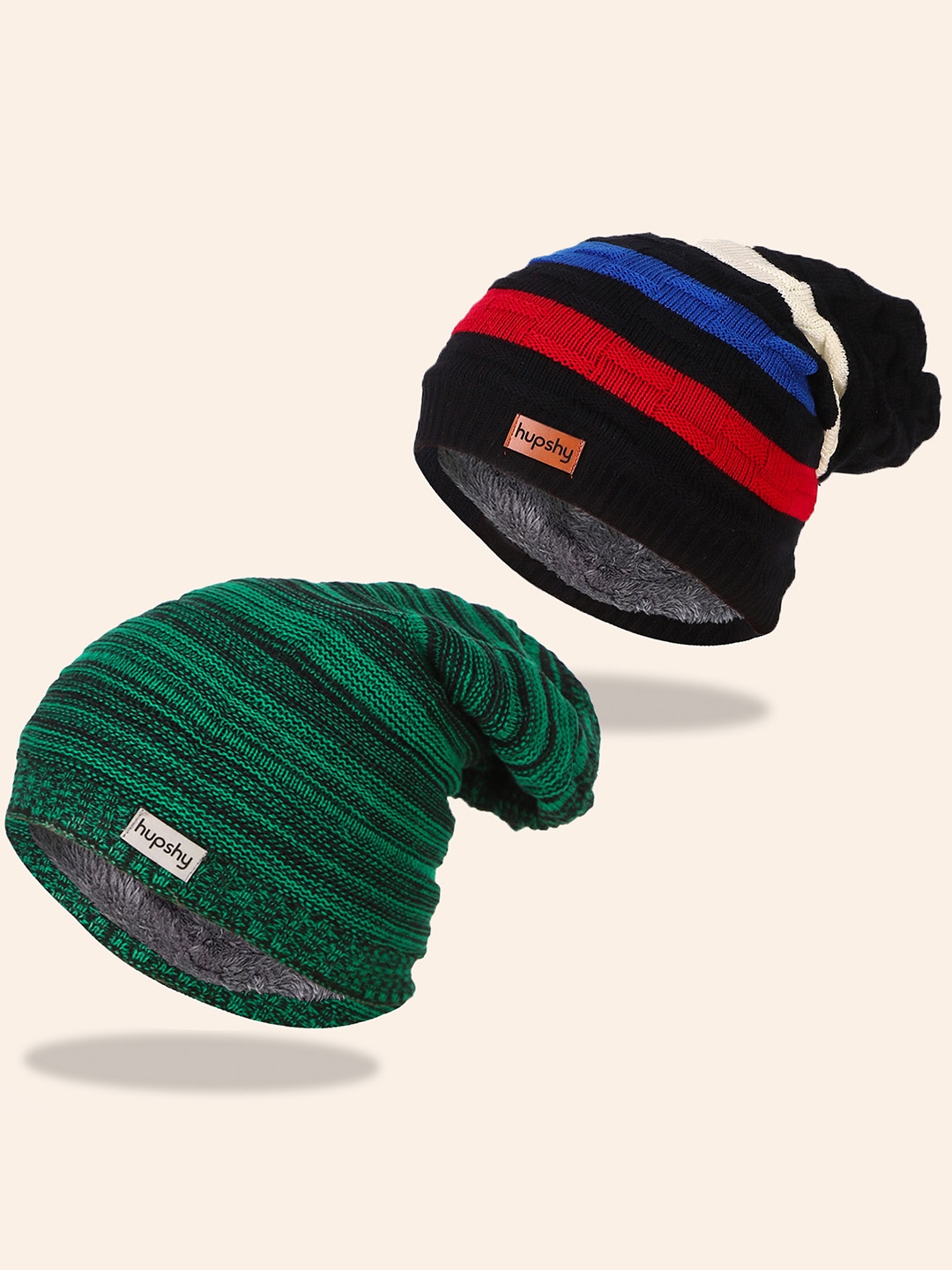 

hupshy Men Pack Of 2 Self Design Pure Cotton Beanies, Green