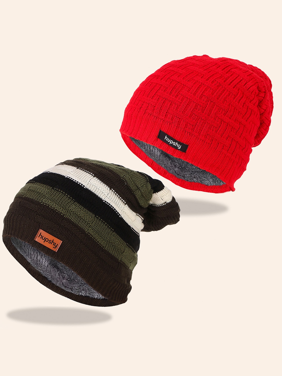 

hupshy Men Pack Of 2 Self Design Pure Cotton Beanies, Red