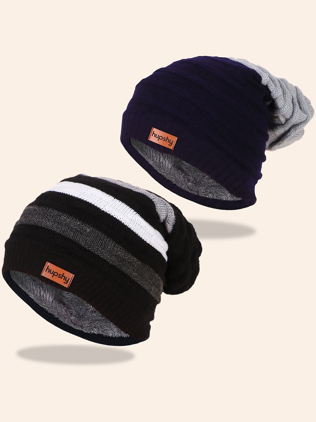 

hupshy Men Pack Of 2 Self Design Pure Cotton Beanies, Black