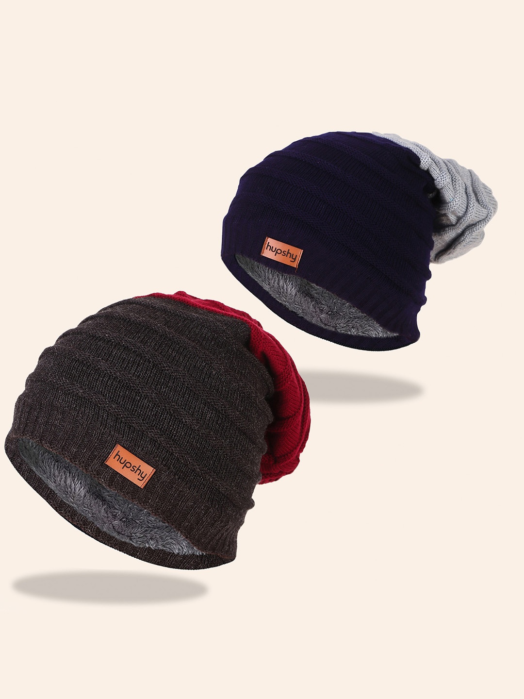 hupshy Men Pack Of 2 Self Design Pure Cotton Beanies, Navy blue