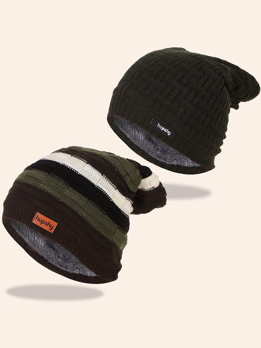 

hupshy Men Pack Of 2 Self Design Pure Cotton Beanies, Green