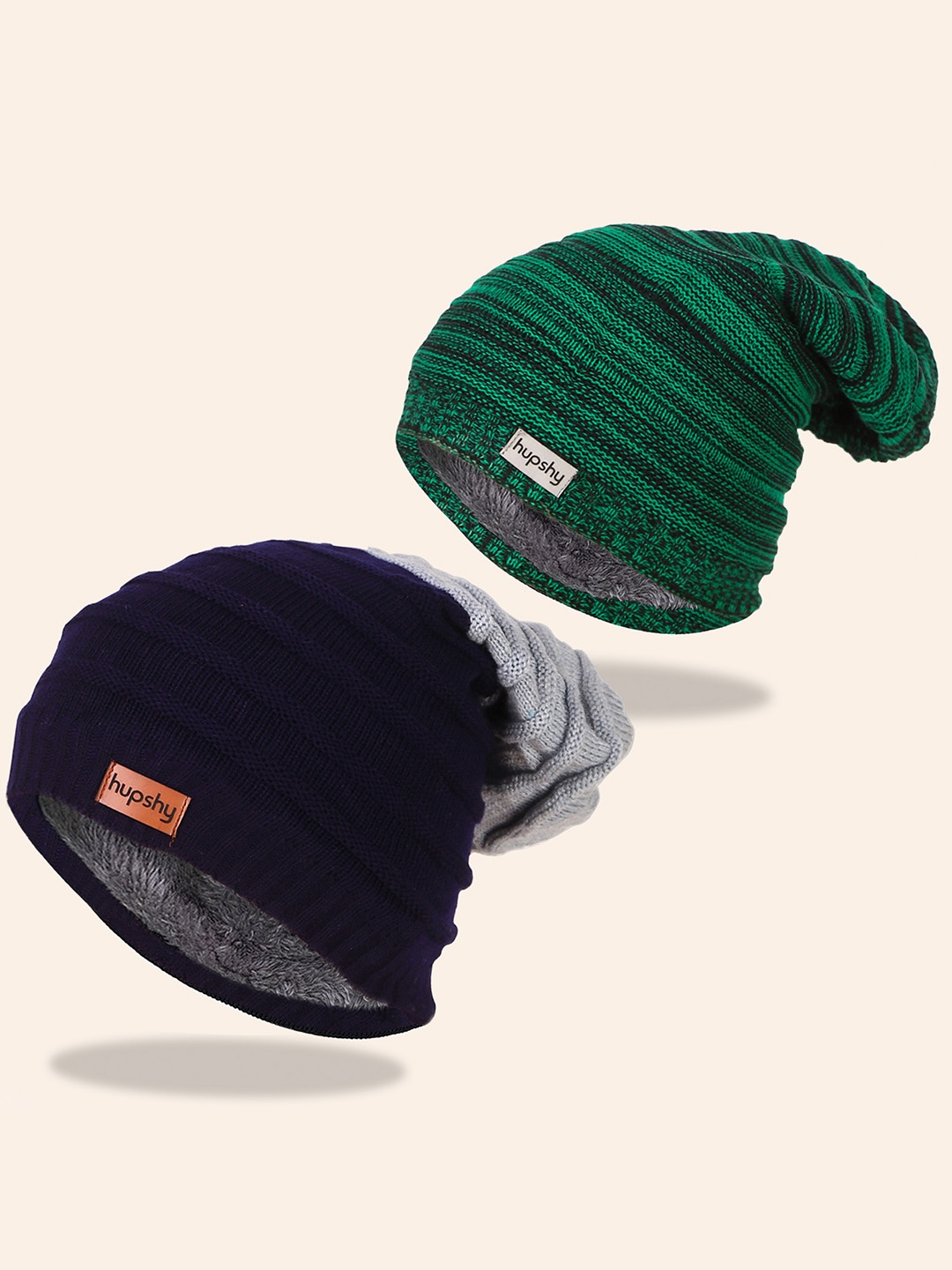 hupshy Men Green & Navy Blue Beanie