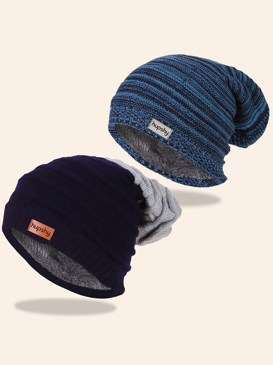 

hupshy Men Pack Of 2 Self Design Pure Cotton Beanies, Blue