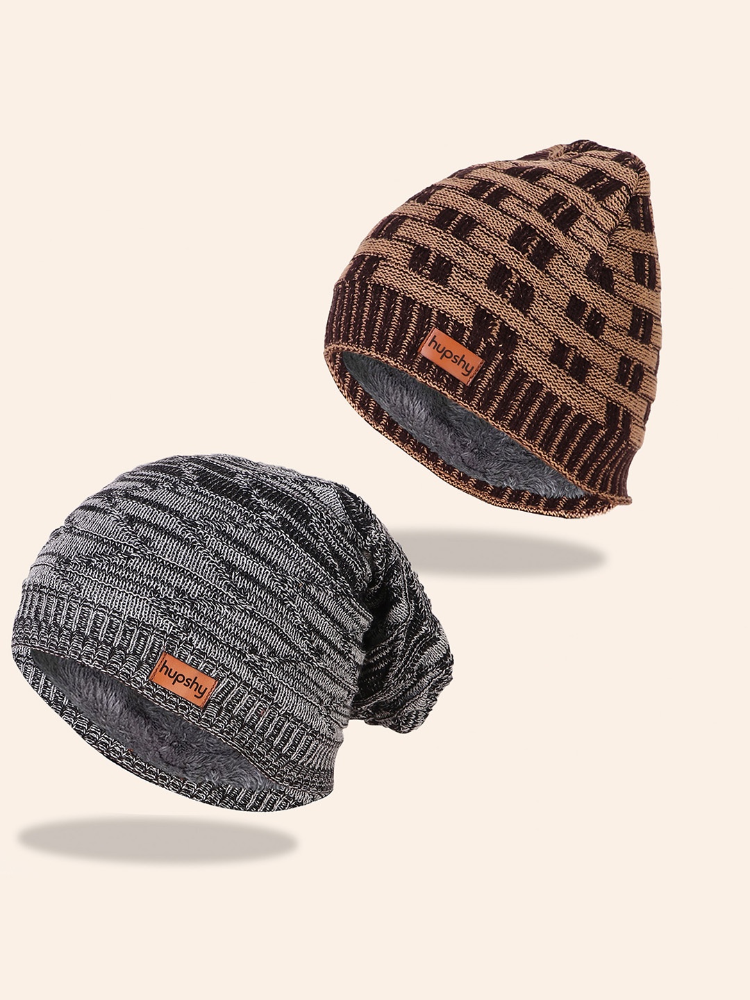 

hupshy Men Pack Of 2 Self Design Pure Cotton Beanies, Brown